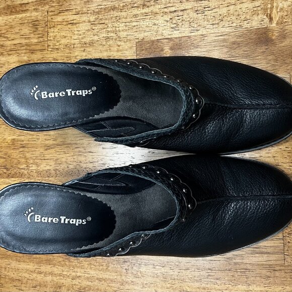 Bare Traps Expert Black Leather Slip On Mules High Heel Clog Studs Sz 10 - Picture 2 of 6